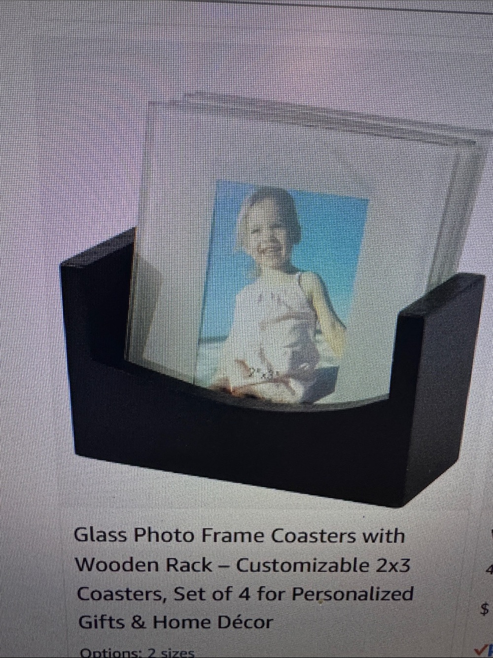 Glass Photo Frame Coaster Set customizable with 2” x 3” photo.  Set of 4